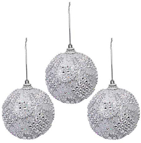 Heallily 3 x Weihnachtskugeln mit Glitzer-Kristall-Strasssteinen, bruchsicher, zum Aufhängen, für den Urlaub, Weihnachtsbaum, Party-Dekoration, Himmelblau 8 cm, Schaumstoff, silber, Größe 1