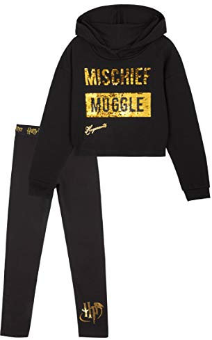 Harry Potter Jogginganzug Kinder Mädchen, Cropped Hoodie und Jogginghose Mädchen, Baumwolle Trainingsanzug Kinder und Teenager 6-14 Jahre (13-14 Jahre, Schwarz)