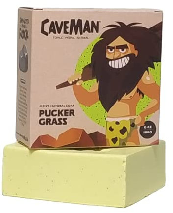SMARTER THAN A ROCK Caveman Men's Natural Soap PUCKER GRASS (180g): Moisturizing, Exfoliating, & Refreshing Bar Soap with Jojoba Oil, Apricot Seed Scrub, Aloe Vera Extract and Lemongrass Essence