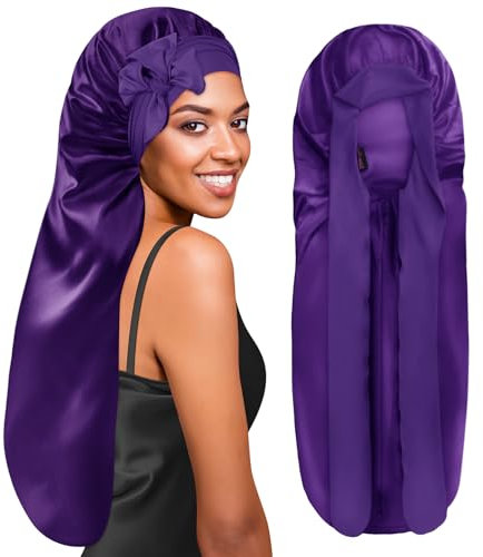 BONNET QUEEN Silk Bonnet for Sleeping Long Hair & Braids Extensions Hair, Satin Long Bonnet for Women, Adjustable Silk Scarf Night Cap with Tie Band, Dark Purple