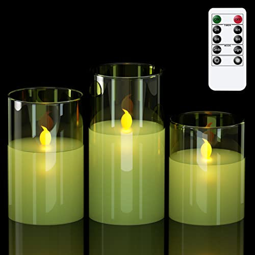 GenSwin Lot de 3 bougies LED sans flamme en verre vert à piles avec télécommande à 10 touches et minuteur, bougies en cire véritable blanc chaud vacillante pour décoration de la maison
