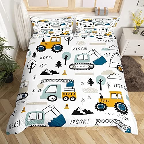 Loussiesd Cartoon Car Kids Bedding Set Construction Bedding Duvet Cover Decor Equipment Trucks Comforter Cover Cartoon Car Excavator Tractor White Yellow Bedspread Cover Bedroom Super King 3Pcs