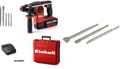 Einhell Kit Martillo perforador con batería HEROCCO+5 Power X-Change (18 V, 2.2 J, 18 Nm, SDS-Plus, incl. batería 3,0 Ah, cargador, 3 brocas, cincel plano, cincel punta y E-Box) + Set de cinceles SDS
