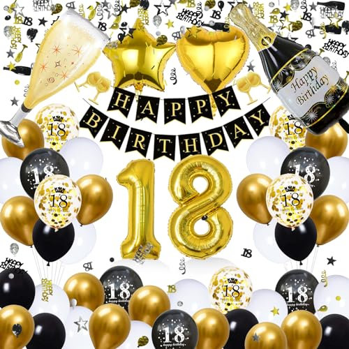 Waziwe Deko 18. Geburtstag Junge Mädchen, Luftballons Schwarz Gold,18. Geburtstagsballons in Verschiedenen Formen und Farben, Geburtstagsbanner und Tischdeko Machen Ihren Tag Unvergesslich