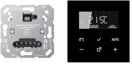 JUNG Home Raumthermostat-Set mit 1790RTR Raumtemperaturregler-Einsatz mit Fühleranschluss + BTA1791SW Raumthermostat-Display Glas Schwarz Serie LS