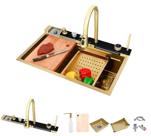 BIGYOUZI Gold Waterfall Sink Kitchen Sink Single Bowl Sink Stainless Steel Sink Waterfall Faucet Including Glass Washer and Soap Dispenser,Chopping Board, Drain Basket (Gold, 85 * 46 * 22CM)
