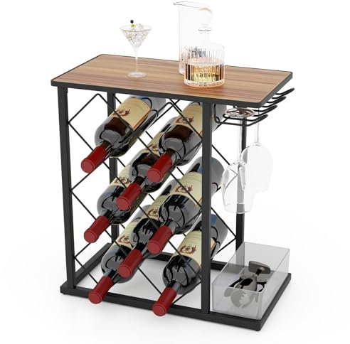 COSTWAY Wine Rack, 8 Bottle Freestanding Wine Display Stand Shelf with Wood Top, 3 Glass Hanger & Removable Side Box, Metal Frame Compact Wine Storage Holder for Kitchen Countertop Bar Pantry