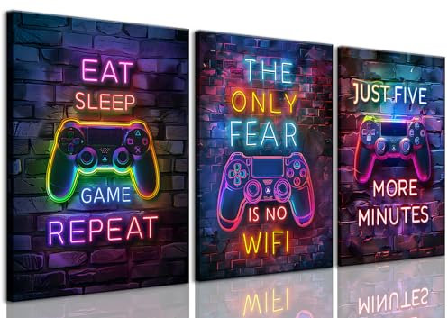 Yolbcdr Spielzimmer-Dekor, Videospiel-Wandkunst, Neon-Gaming-Poster, Drucke, 3er-Set, Gaming-Schild, Leinwand, Gemälde, Spielzimmer, coole Bilder, Gamer-Wanddekoration für Jungen, Teenager, Männer,