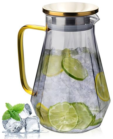 AstraLoom 2L Borosilicate Glass Water Pitcher with Gold Stainless Steel Lid & Handle | Diamond-Textured Design | Hot & Cold Beverage Jug for Juice, Milk, Coffee, Tea | Dishwasher Safe (Grey)