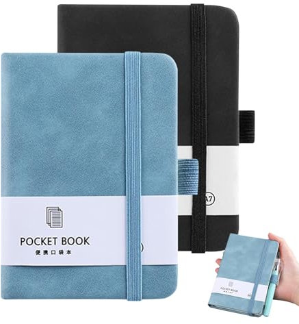 Notizbuch A7,2 Stück Notizbuch klein, Pocket Mini Notizblock Mini notizbuch mit Gummizugverschluss, Kleines notizbuch mit 200 Seiten für Schule Arbeit Reisen (Hellblau, Schwarz)