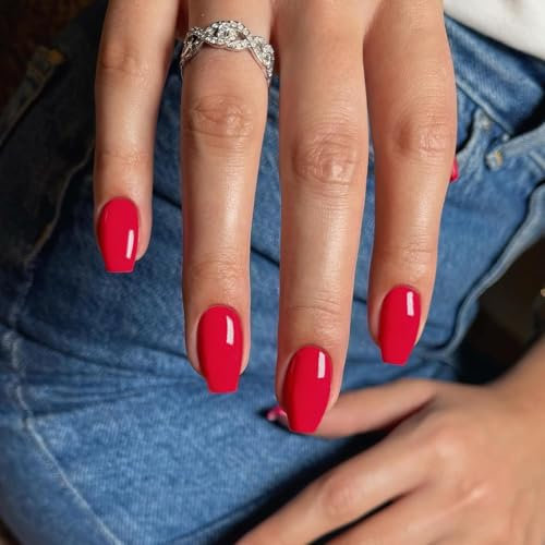 SXVME Light Red False Nails Coffin, Medium Short Press on Nails Coffin, Red Glue on Nails Gel Fake Nails for Women, Short Ballerina Acrylic Nails for Daily Wear 24 Pcs