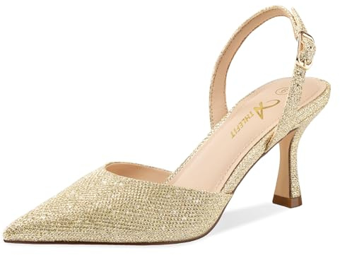 Athlefit Closed Pointed Toe Kitten Heels for Women Dress Work Wedding Party Slingback Stiletto Pumps Shoes Gold, Size 8, SAPU2606W