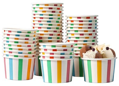PakTalk 50 Stück Eisbecher aus Pappe, 135ml Auslaufsichere Eisschalen | Kompostierbare Pappbecher mit bunten Streifen, Bunt Dessertschalen für Eis, Dessert, Joghurt, Party
