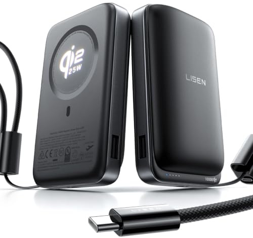 LISEN Powerbank Laptop 10000mAh 65W PD, Qi2.2 25W MagSafe, Laptop Powerbank für MacBook Air & USB-C Laptops, Flugzulassung, Zylindrische Zellen, Abnehmbares USB-C Kabel, iPhone 17 Pro Max/16/15