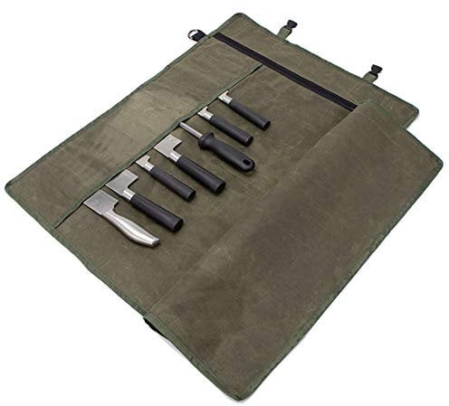 HERSENT Chef’s Knife Roll Bag, Waxed Canvas Knife Cultery Carrier, Portable Chef Knife Cases, 1. Army Green, 27.5 widex19.2