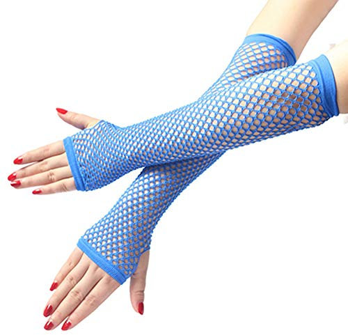 Egurs Damen Mädchen Fischnetz Netz Lang Handschuhe Fingerlos Blau