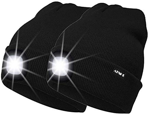 ATNKE 2Pcs Neue Warme LED beleuchtete Mütze,Unisex USB wiederaufladbare Laufmütze Ultra Bright 4 LED wasserdichte Lichtlampe Mehrfarbig/Black