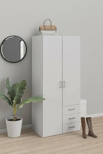 Dmora - Armoire avec deux portes battantes et trois tiroirs, couleur blanche, Dimensions 77 x 175 x 49 cm