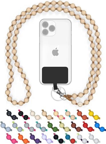 Chaîne Universelle en Perles de Bois pour téléphones Portables, chaîne - Compatible avec Tous Les Smartphones: iPhone 15, 14, 13, 12, 11, X, Samsung Galaxy (sans étui, TheBeach)