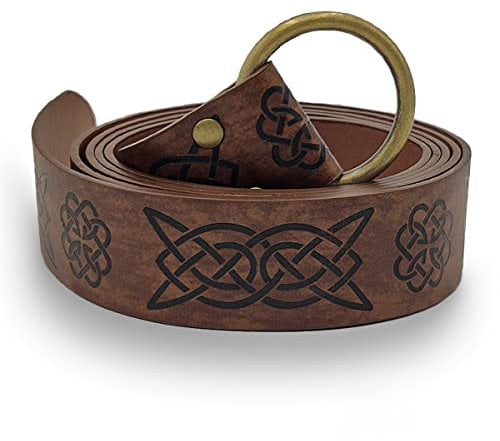 Vintage Keltischer O-Ring-Gürtel, Mittelalterlicher Ritter-Gürtel aus geprägtem Pu-Leder, Viking Battle Knight Ledergürtel für Männer, Cosplay Kostümzubehör (Dunkelbraun)