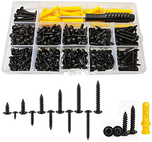 WeqeYent 350 Stück M3 M4(8/12/16/20/25/30 mm) Holzschrauben Kohlenstoffstahl Selbstschneidende Blechschrauben Flachkopf Kreuzkopf Karosserieschrauben Sortiment (Schwarz)