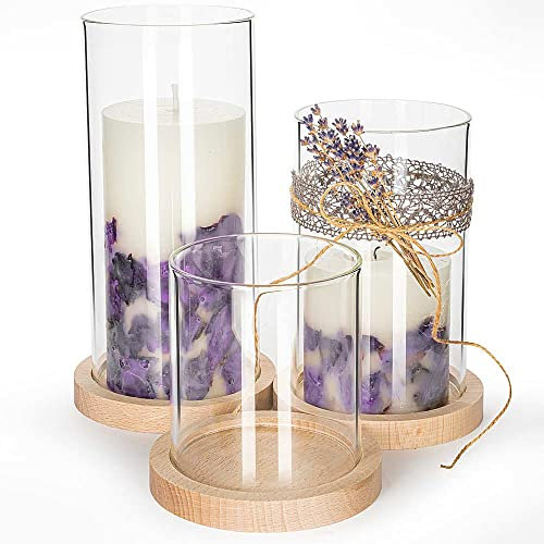 Tuuters 3er Windlicht-Set aus Borosilikatglas mit Untersetzer (Holz)