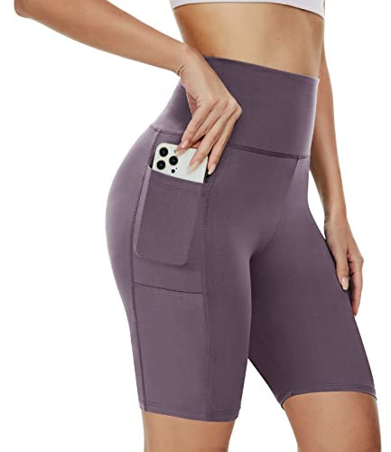 AMIYOYO Radlerhose Damen mit Taschen High Waist Sporthose Kurze Leggings Blickdicht Sportshorts Dehnbar Hotpants Bequem für Sommer Yoga Fitness Gym(Violett,S-M=DE34-40)