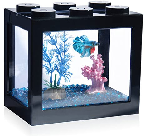 Tsxurepaw Kleines Betta-Fischtank, stapelbares Mini-Fischtank, Aquarium-Set, rechteckiges Fischglas mit Aquarium-Kies, Dekoration, Würfel-Tank für Algenbälle, Meeresaffen