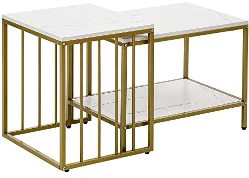 HOMCOM Lot de 2 Tables Basses gigognes carrés - Plateau Blanc Aspect marbre et Pied en métal doré