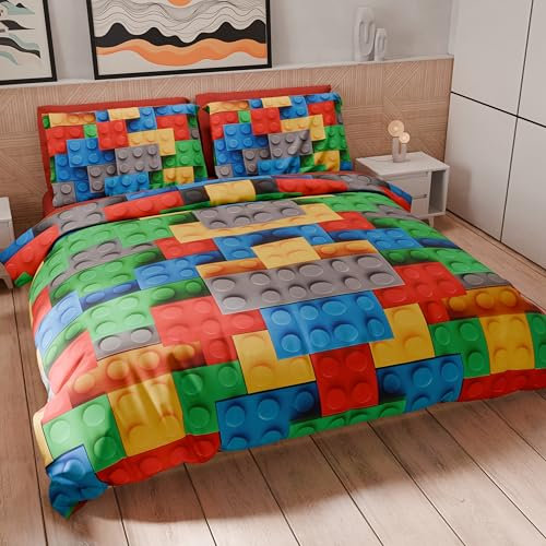 PETTI Artigiani Italiani - Set Copripiumino Singolo 160x200 cm (1 Federa 50x80 cm Inclusa), Parure Copripiumino Morbida Microfibra con Stampa Digitale - Made in Italy - Mattoncini