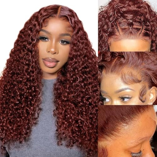 WIGTOOPE Reddish Brown Water Wave 13x4 HD Transparent Lace Front Wigs Human Hair for Women 180% Density Brazilian Virgin Human Hair Pre Plucked with Baby Hair Aubur Copper Lace Frontal Wigs 26 Inch