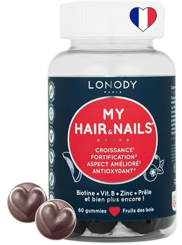 LONODY, Gummies Cheveux et Ongles, Pousse, Croissance, Fortifiant, Renforce la fibre capillaire, Biotine, Zinc, Sélénium, 6 Vitamines, Complément Alimentaire Sans Sucre My Hair & Nails, 1 mois