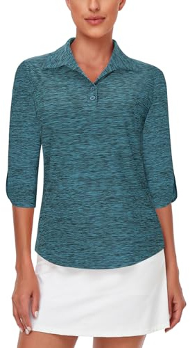 LURANEE Womens Golf Shirt Quick Dry 3/4 Sleeve T Shirts 2-Buttons Polo Workout Tops UPF 50+ Shirts S-2XL, Blue, L
