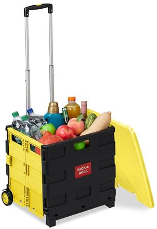 Relaxdays Einkaufstrolley, Klapptrolley mit Rollen & Deckel, Teleskopgriff, bis 35 kg, Faltbarer Trolley, gelb/schwarz