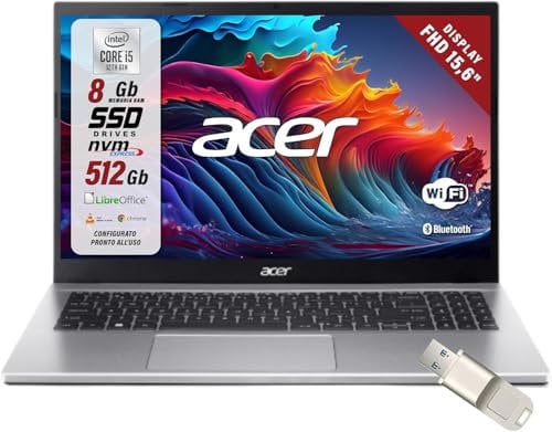 acer, Pc portatile notebook silver, intel i5-1235u 10 Core 3.3 Ghz, Ram 8Gb, SSD 512Gb, Display 15,6 FHD, Hdmi, lan, wifi-6, bluetooth, webcam, Win 11 Pro, Preconfigurato, garanzia Italia