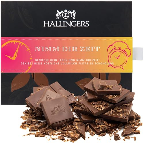 Hallingers Genuss Manufaktur Schokolade Geschenk - Tafel handgeschöpften Edelkakaos ohne Alkohol edler Karton Nimm Dir Zeit Pistazie-Amaretto, Geschenkidee für Frauen Männer