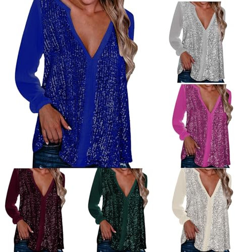 Gumiao Pailletten-Shirts für Damen, glitzernd, V-Ausschnitt, lange Ärmel, Urlaub, Bluse, glänzendes T-Shirt, Party, Nacht, Blau, Klein