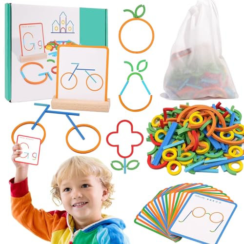 142 Stück Geeignet Montessori Spielzeug ab 3 Jahre, Lernspiele für Vorschulkinder, Montessori Buchstaben,120 Stäbchen und Kreise, 20 Doppelseitige Karten, Geeignet für Jungen und Mädchen