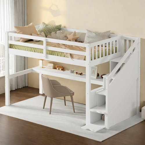 Lit Superposé Enfant Cabane 90x200 - Mezzanine 1 Place Avec Barrière et Escalier - Pour Garçon et Fille