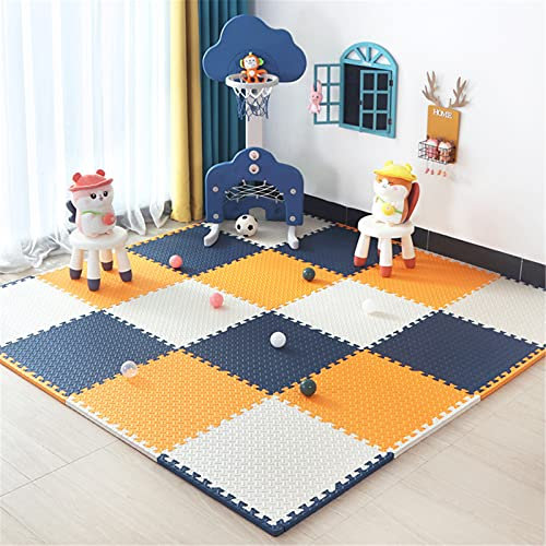 Eva-Schaum-Spielmatte, mehrfarbige ineinandergreifende Spiel-Puzzlematte mit Rändern für Wohnzimmer, Garten, Yoga, Fitnessstudio, Weiß + Dunkelblau + Orange, 16