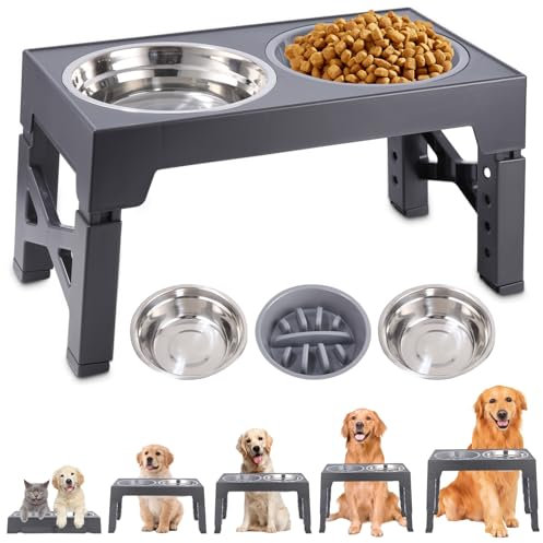 TIDEVAN Hundenapf Erhöhter Futternapf für Hunde, 2×1,2L Edelstahlschüsseln und 0,8L auslaufsicherem Hundenapf, Wassernapf Hund ohne Sabbern 4 Höhen einstellbar, Grau