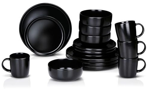 alpina Service de Table 16 Pièces - Ensemble de Vaisselle pour 4 Personnes - Vaisselle en Faïence - Assiettes à Petit Déjeuner, Assiettes à Dîner, Bols et Tasses - Noir
