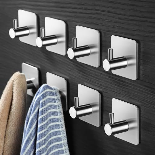ZUNTO Ganci Adesivi Ganci Portasciugamani in Acciaio Inox Gancio Appendiabiti da Parete Autoadesivo/Gancio per Cucina e Bagno, 8 Pezzi