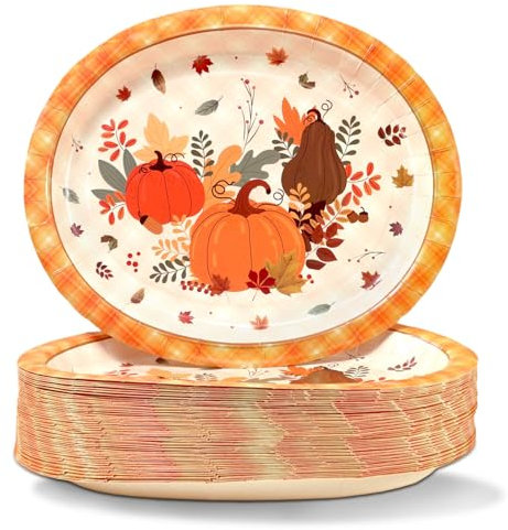 BONSINY 50 Count Fall Paper Plates 12 inch x 10 inch - Oval Thanksgiving Plates Disposable Heavy Duty for Fall Party Decorations Harvest Themed Party