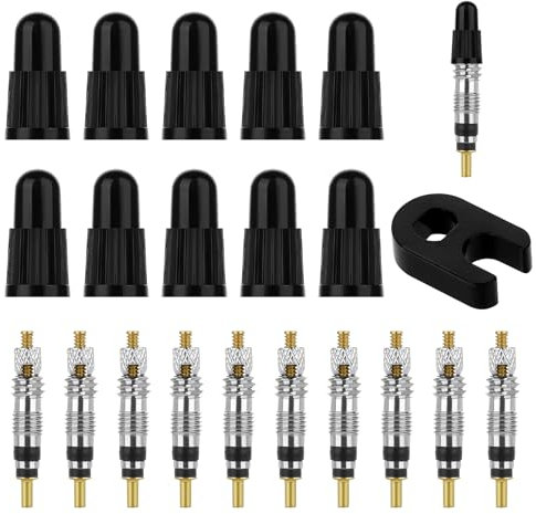 Bike Valve Core Repair Kit Includes 10pcs Replacement Tubeless Valve Cores, 10pcs Valve Core Caps and 1pcs Valve Core Removal Tool for Road Bicycle MTB Bike Tires