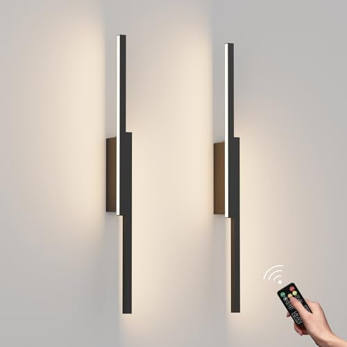 Aipsun Kabellose LED Akku Wandleuchte mit fernbedienung, 6000mAh USB-C Wiederaufladbare Wandlampe Schwarz 60CM, 5W Moderne Schlafzimmer Wohnzimmer Wandleuchte, Drei Farbtemperaturen (2 Stück)