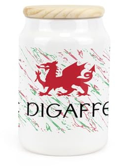 Purely Home Welsh Dragon Ceramic Decaf Tea Storage Canister - Te Digaffein Wales Souvenir Themed Kitchen Food Storage Container & Wooden Lid 600ml (14.5cm x 9.5cm)