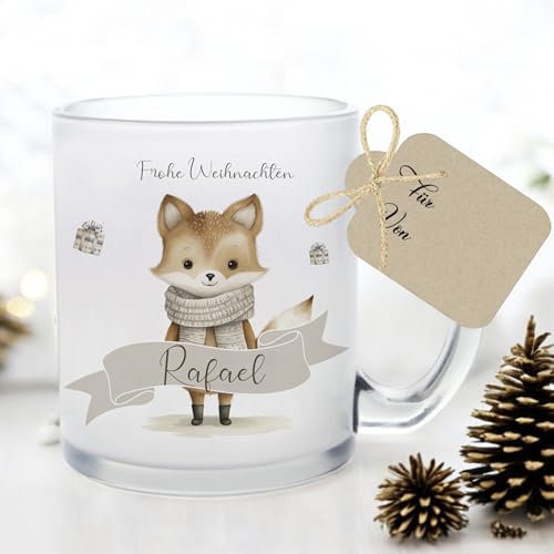 Manufaktur Liebevoll I Tasse Weihnachten Glastasse Glühweintasse mit Namen Weihnachtstasse personalisiert Tasse Nikolaus Weihnachtsgeschenke Kinder Glühwein Frauen Männer Mädchen Jungen Fuchs (Rafael)
