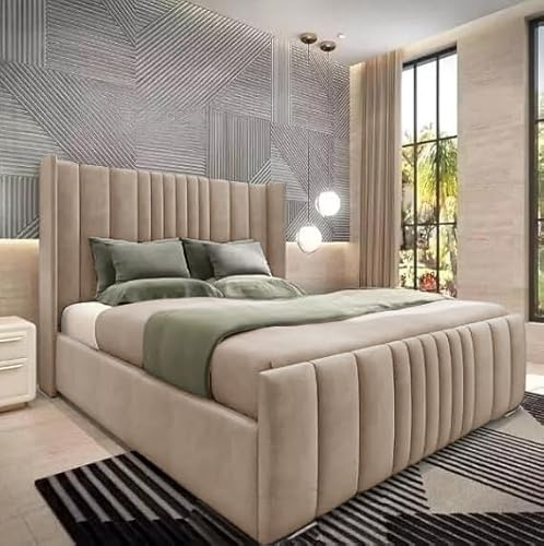 4FT6 Double Ottoman Storage Solid Divan Base Wingback Bed Frame With Headboard Upholstered In Beige Plush Velvet Bed Frame End Lift - No Mattress (Beige Plush, 4FT6 Double)