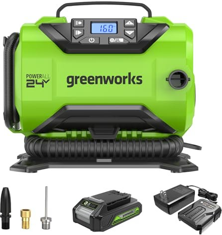 Greenworks - Inflador de neumáticos inalámbrico de 24 V, compresor de aire portátil de 160 PSI, 2 fuentes de alimentación, apagado automático, para coche, bicicleta, motocicleta, barco de aire,